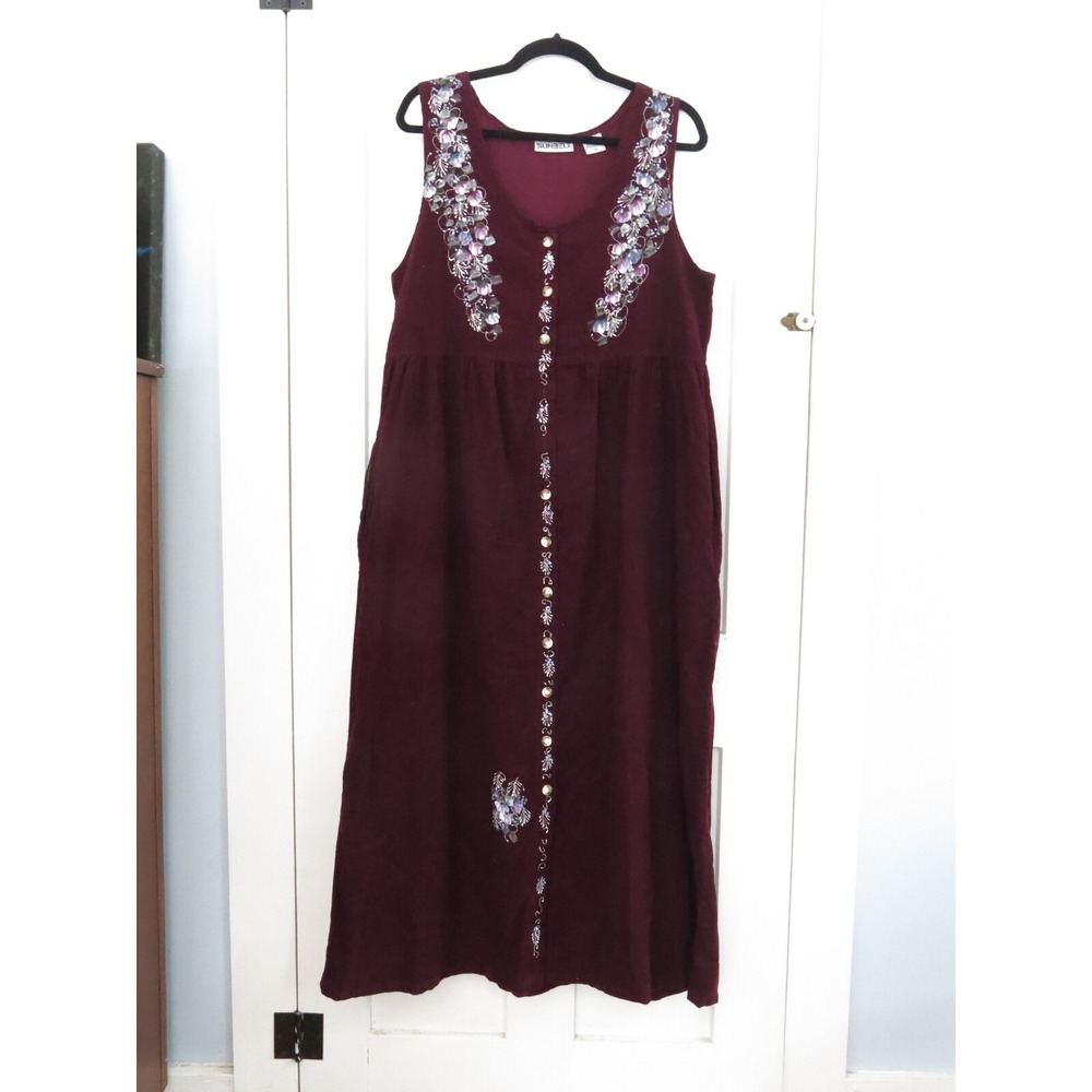 Vintage 90s Jumper Dress Medium Pinafore Handpainted Maroon Corduroy Cottagecore